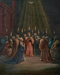 Helluntai - Helluntai (Pyhän Hengen tuleminen) - Helluntai, Pyhän Hengen laskeutuminen, kaiverrus Gustave Dore (1832-1883) - myöhempi väritys tekijältä Gustave Dore