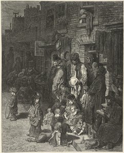 Ihmiset seisovat ja istuvat talojensa ulkopuolella, kadulla, "Lontoo: pyhiinvaellus", kirjoittanut William Blanchard Jerrold tekijältä Gustave Dore