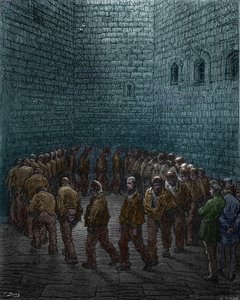 Vangit kiertävät Westgaten vankilan pihalla Lontoossa, Gustave Dore tekijältä Gustave Dore