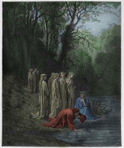 Purgatorio, Canto 33: Dante-juomat Eunoe-joesta, kuvitus Dante Alighierin jumalallisesta komediasta, 1885 tekijältä Gustave Dore