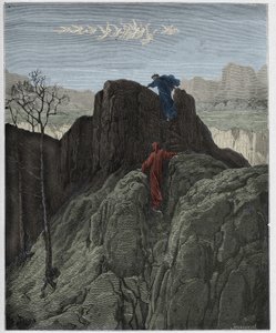 Purgatorio, Canto 4: Vergilius johdattaa Danten ylös karua vuorenrinnettä, kuvitus Dante Alighierin "Jumalaisesta komediasta", 1885 tekijältä Gustave Dore