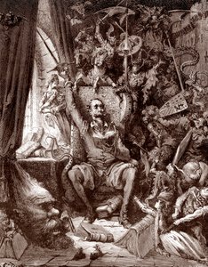 Don Quijoten esitys hänen kirjastossaan, jota ympäröivät hänen kirjojensa olennot Gustave Doren (1832-1883) kaiverrus Miguel de Cervantesin (1547-1616) "L