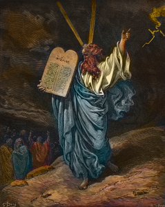 Mooseksen esitys uusien lakitaulujen kanssa Siinain vuorella - kaiverrus Gustave Doren (1832-1883) - myöhempi väritys tekijältä Gustave Dore