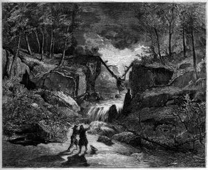 Oopperan esitys: hullu hauta torrentissa - Viimeinen kohtaus, "Pardon de Ploermelin" II näytös, koominen ooppera vuodelta 1859 Michel Carren (1819-1872) ja Jules Barbierin (1822-1901) libretolla ja Giacomo Meyerbeerin (1791-1864) musiikki - Teatteri tekijältä Gustave Dore