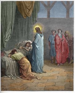 Jairen tyttären ylösnousemus - Jairuksen tyttären kasvattaminen (Jeesus kasvattaa Jairuksen tytärtä) - Gustave Doren (1832-1883) kaiverrus "" The Bible illustree" -kirjaan - Kaiverrus "" The Dore Biblesta"" tekijältä Gustave Dore