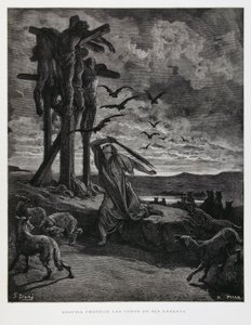 Rizpa estää villipetoja häpäisemästä kuolleiden poikiensa ruumiita, kuvitus Doren Raamatusta. tekijältä Gustave Dore