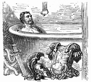 Roomalainen sotilas uimassa Bagneres de Bigorren kylpylässä: Gustave Doren kaiverrus, joka kuvittaa Hippolyte Tainen kirjaa "Voyage aux Pyrenees", Hachette 1860. tekijältä Gustave Dore