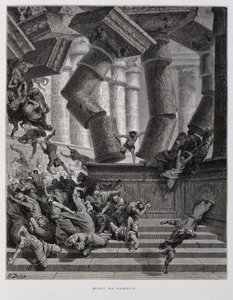 Simson tuhoaa Baalin temppelin, kuvitus Dore Bible -teoksesta. tekijältä Gustave Dore