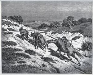 Sancho Panza, Don Quijote ja heidän jalkansa tappion jälkeen Yangereja vastaan - Miguel Cervantesin (1547-1616) "Don Quijote de la Mancha" (Don Quijote) - Gustave Doren piirtämän puupiirros tekijältä Gustave Dore