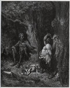 Sancho Panza lentää Don Quijoten edessä täyttääkseen Merlinin toiveen ja pettäen näin Dulcineen Tobososta. Don Quijote kehottaa häntä hillitsemään intoaan - Miguel Cervantesin (1547-1616) "Don Quijote de la Mancha" (Don Quijote) - Puupiirros tekijältä Gustave Dore