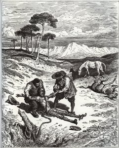 Sancho ja serkku vetävät Don Quijoten (nukkumassa) Montesinoksen luolasta - Miguel Cervantesin (1547-1616) "Don Quijote de la Manchasta" (Don Quijote) - Gustave Doren piirtämän puupiirros tekijältä Gustave Dore