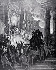 Saatana neuvostossa, Stephane Pannemakerin (1847-1930) kaivertaman John Miltonin (1608-1674) "Kadonnut paratiisi" -kirjasta I n. 1868 tekijältä Gustave Dore