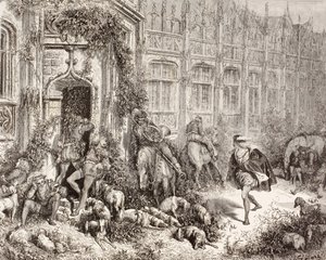 Kohtaus Charles Perraultin Prinsessa olevasta kaunotaresta. El Mundo Ilustradosta, julkaistu Barcelonassa, noin 1880. tekijältä Gustave Dore