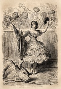 Härkätaistelukohtaus: Teresa Bolsin voitto, andalusialainen torrera, tervehtii häntä Sevillassa ylistänyttä edustajakokousta. Gustave Dore (1832-1883) livenä esittämän sketsin. Kaiverrus havainnollistamaan matkaa Espanjassa, vuonna 1862 Charles Davillier j tekijältä Gustave Dore