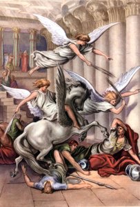 Setti 50-luvun raamatullisia opetuspostikortteja, tehty taiteen jälkeen: tässä Gustave Doren "Heliodorus temppelistä ajettu" jälkeen tekijältä Gustave Dore