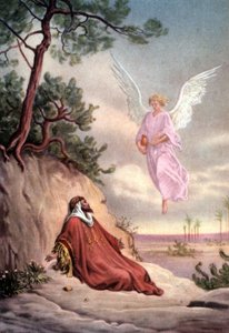 Sarja raamatullisia opettavaisia postikortteja 50-luvulla , tehty kuvataiteen jälkeen: tässä Gustave Doren "Elian pelastama enkeli" jälkeen. tekijältä Gustave Dore