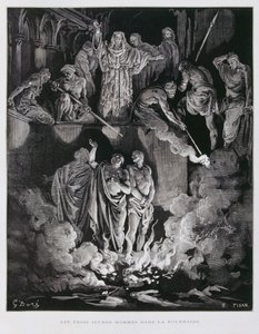 Sadrak, Meesak ja Abednego tulisessa uunissa, kuvitus Doren Raamatusta tekijältä Gustave Dore