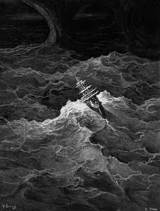 Laiva myrskyisellä merellä, kohtaus S.T.:n The Rime of the Ancient Marinerista Coleridge, kirjoittanut S.T. Coleridge, julkaisija Harper und Brothers, New York, 1876 (puukaiverrus) tekijältä Gustave Dore
