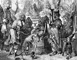 Sindbad the sailor (Sinbad) - tarina tuhannesta ja yhdestä (1001) yöstä - Gustave Doren kuvitus (yksityiskohta) - Maxwellin painos 1865 - Prologi: köyhä kantaja (Hinbad) ilmestyy Sindbadin eteen, joka on tullut vanhaksi ja rikkaaksi. Jälkimmäinen kertoo hä tekijältä Gustave Dore