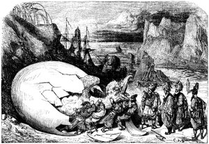 Sindbad the sailor (Sinbad) - tarina tuhannesta ja yhdestä (1001) yöstä - kuvitus Gustave Dore - Maxwellin painos 1865 - Viides matka: Sindbadin mukana olevat kauppiaat rikkovat lintujätti Rocin jättimäisen munan kuoren poistaakseen siitä valtavan vauvan. tekijältä Gustave Dore
