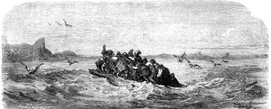 Sindbad the sailor (Sinbad) - tarina tuhannesta ja yhdestä (1001) yöstä - kuvitus Gustave Dore - painos Maxwell 1865 - Kolmas matka: Sindbad ja hänen seuralaisensa purjehtivat lautalla. tekijältä Gustave Dore