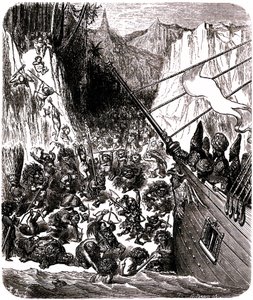 Sindbad the sailor (Sinbad) - tarina tuhannesta ja yhdestä (1001) yöstä - Gustave Doren kuvitus - Kolmas matka: myrsky heittää Sindbadin ja hänen seuralaisensa laivan saarelle, jossa heitä vastaan hyökkää joukko pieniä ja kammottavia olentoja. tekijältä Gustave Dore