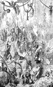 Sindbad the sailor (Sinbad) - tarina tuhannesta ja yhdestä (1001) yöstä - Gustave Doren kuvitus - Maxwellin painos 1865 - kuudes matka - tämä kaiverrus voi esittää Serendibin kuninkaan hovia tai kalifi Haroun al-Rashidin (Harun al-Rashid) hovia. tekijältä Gustave Dore