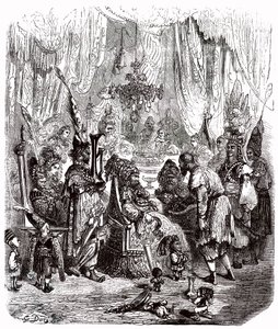 Sindbad the sailor (Sindbad) - tarina tuhannesta ja yhdestä (1001) yöstä - Gustave Doren kuvitus - Maxwellin painos 1865 - Prologi: köyhä kantaja (Hinbad) ilmestyy Sindbadin eteen, joka on tullut vanhaksi ja rikkaaksi. Jälkimmäinen kertoo seikkailustaan tekijältä Gustave Dore