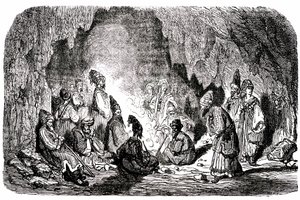 Sindbad the sailor (Sinbad) - tarina tuhannesta ja yhdestä (1001) yöstä - Gustave Doren kuvitus - Maxwellin painos 1865 - Ensimmäinen matka: Sindbad, jonka seuralaisensa ovat hylänneet keskellä merta, saapuu saarelle ja tapaa luolassa palefrenien tekijältä Gustave Dore