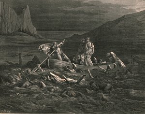 Pian kun molemmat nousevat alukseen leikkaaen aaltoja, c1890. tekijältä Gustave Dore
