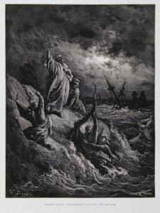 Pyhän Paavalin maihinnousu Maltalla, kuvitus Doren Raamatusta. tekijältä Gustave Dore
