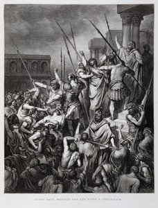 Jerusalemin juutalaiset hyökkäävät Paavalin kimppuun, kuvitus Doren Raamatusta. tekijältä Gustave Dore