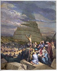 BAABELIN TORNI - Baabelin torni esimerkki Genesiksen ja kielen sekaannuksesta Jahven toimesta. Oikealla kuningas Nimrud (tai Nimrod, Nemrod) keskustelee arkkitehtien kanssa - kaiverrus Gustave Doren (1832-1883) "The Bible illustree" -kirjaan - Kaiverrus ki tekijältä Gustave Dore