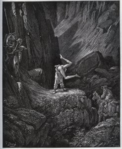 Don Quijoten akrobaattinen katumus Sierra Morenassa - Miguel Cervantesin (1547-1616) "Don Quijote de la Mancha" (Don Quijote) - Puupiirros Gustave Doren piirtämänä tekijältä Gustave Dore