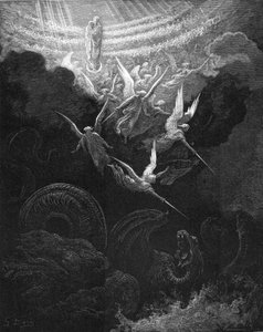 Arkkienkeli Mikael ja hänen enkelinsä taistelevat lohikäärmettä vastaan, 1865-1866 tekijältä Gustave Dore