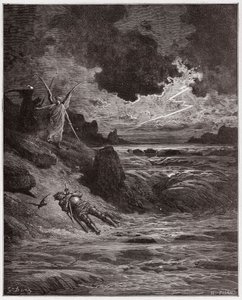 Jumalallinen komedia (La Divina Comedia, La Divine Comedie), Purgatorio, Canto 5: Buonconte da Montefeltron ruumis Arnossa - Dante Alighieri (1265-1321) - Kuvitus Gustave Doresta (1832-1883) tekijältä Gustave Dore