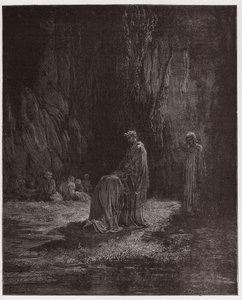 Jumalallinen komedia (La Divina Comedia, La Divine Comedie), Purgatorio, Canto 7: Runoilija Sordello hämmästynyt polvistuu Vergiliuksen eteen - Dante Alighieri (1265-1321) - Kuvitus Gustave Dore (1832-1883) tekijältä Gustave Dore