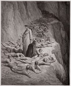 Jumalallinen komedia (La Divina Comedy, La Divine Comedie), Purgatorio, Canto 19: Ahneiden sielut: Adrian V puhuu Dantelle - Dante Alighieri (1265-1321) - Gustave Doren (1832-1883) kuvitus tekijältä Gustave Dore