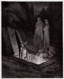 Jumalallinen komedia (La Divina Commedia, La Divine Comedie), Inferno, Canto 10: Farinata degli Uberti puhuu Dante - kirjoittanut Dante Alighieri (1265-1321) - Kuvitus Gustave Doresta (1832-1883) tekijältä Gustave Dore