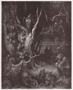 Jumalallinen komedia (La Divina Commedia, La Divine Comedie), Inferno, Canto 13: Harpiet itsemurhien metsässä - Dante Alighieri (1265-1321) - Kuvitus Gustave Dore (1832-1883) tekijältä Gustave Dore