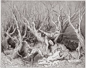 Jumalallinen komedia (La Divina Commedia, La Divine Comedie), Inferno, Canto 13: Itsemurhat pakenevat metsästä - Dante Alighieri (1265-1321) - Kuvitus Gustave Dore (1832-1883) tekijältä Gustave Dore