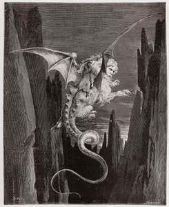 Jumalallinen komedia (La Divina Commedia, La Divine Comedie), Inferno, Canto 17: Laskeutuminen kuiluun Geryonin selässä - Dante Alighieri (1265-1321) - Kuvitus Gustave Dore (1832-1883) tekijältä Gustave Dore
