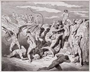 Jumalallinen komedia (La Divina Commedia, La Divine Comedie), Inferno, Canto 18: Paholaiset ja viettelijät - Dante Alighieri (1265-1321) - Kuvitus Gustave Dore (1832-1883) tekijältä Gustave Dore