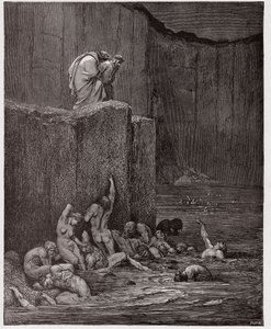 Jumalallinen komedia (La Divina Commedia, La Divine Comedie), Inferno, Canto 18: Paramours ja imartelijat kahdeksannessa ympyrässä - Dante Alighieri (1265-1321) - Kuvitus Gustave Dore (1832-1883) tekijältä Gustave Dore