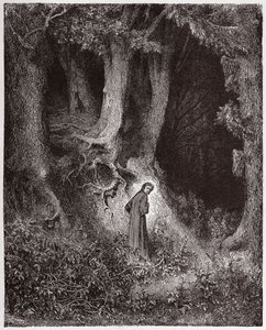 Jumalallinen komedia (La Divina Commedia, La Divine Comedie), Inferno, Canto 1: Dante metsässä - Dante Alighieri (1265-1321) - Kuvitus Gustave Doresta (1832-1883) tekijältä Gustave Dore