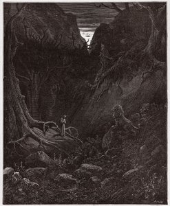 Jumalallinen komedia (La Divina Commedia, La Divine Comedie), Inferno, Canto 1: Leijona kohtaa yhtäkkiä Dante - kirjoittanut Dante Alighieri (1265-1321) - Gustave Doren (1832-1883) kuvitus tekijältä Gustave Dore