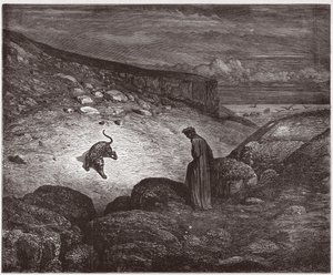 Jumalallinen komedia (La Divina Commedia, La Divine Comedie), Inferno, Canto 1: Pantteri nousun alussa - Dante Alighieri (1265-1321) - Kuvitus Gustave Dore (1832-1883) tekijältä Gustave Dore