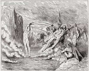 Jumalallinen komedia (La Divina Commedia, La Divine Comedie), Inferno, Canto 21: Paholaiset piinaavat barratoreita - Dante Alighieri (1265-1321) - Kuvitus Gustave Dore (1832-1883) tekijältä Gustave Dore