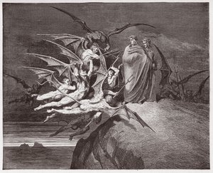 Jumalallinen komedia (La Divina Commedia, La Divine Comedie), Inferno, Canto 21: Demonit uhkaavat Vergiliusa - Dante Alighieri (1265-1321) - Gustave Doren (1832-1883) kuvitus tekijältä Gustave Dore