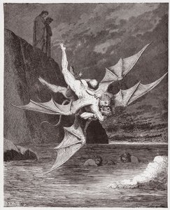 Jumalallinen komedia (La Divina Commedia, La Divine Comedie), Inferno, Canto 22: Alichino ja Calcabrina kouravat kentän yläpuolella - Dante Alighieri (1265-1321) - Kuvitus Gustave Dore (1832-1883) tekijältä Gustave Dore